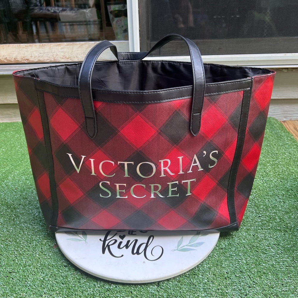 Victoria’s Secret Black Red BUFFALO Plaid Weekender Tote Bag.